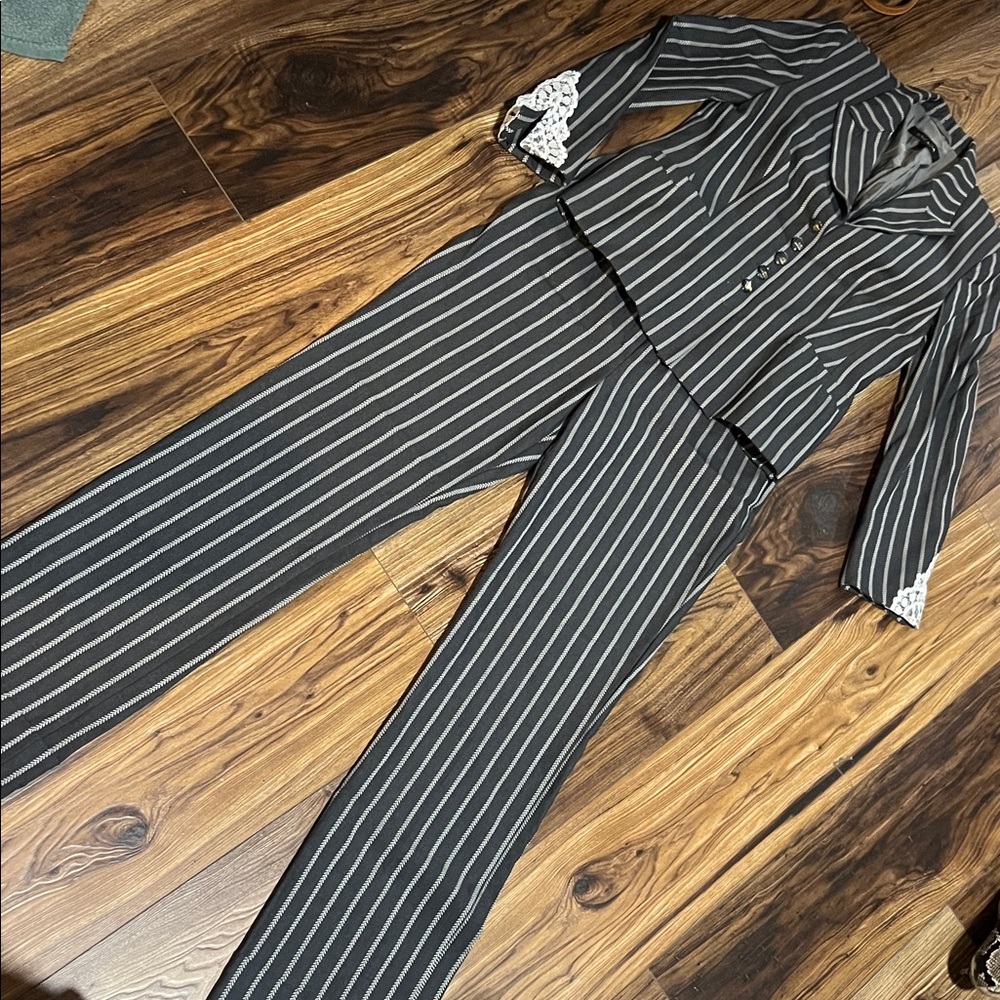 Escada gray and White Pinstripe Two-Piece Pantsuit